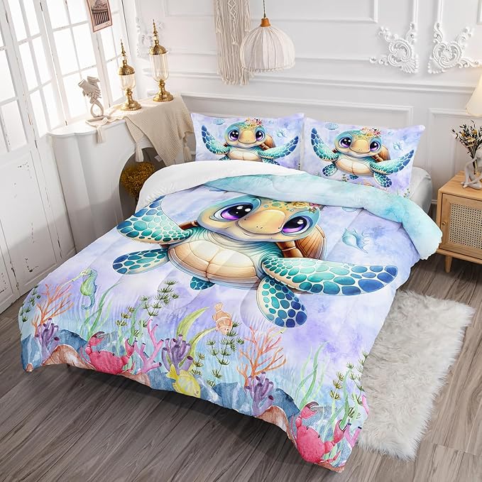 Turtle Bedding Set 3pcs Full Ocean Life Shell Comforter Set Kid Fish Crab Bedding Set for Boy Girl Watercolor Tortoise Seaweed Theme Pattern Quilt Bed Set with 1 Comforter and 2 Pillowcases