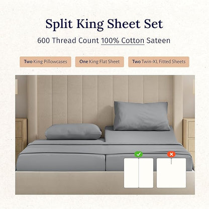 California Design Den Split King Sheet Set - 100% Cotton, 600 Thread Count, Breathable Luxury King Size Sheets for Adjustable Bed, Luxury Hotel-Quality Sheets with Soft Sateen Weave - Mist Grey