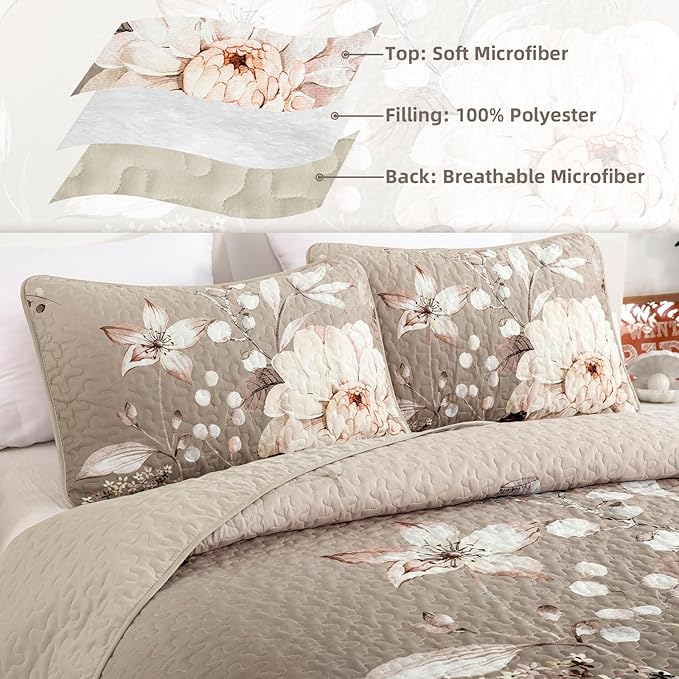 Drucon Floral Quilt King Size - 3 Pieces Brown Quilt Botanical Bedspread Soft Lightweight Flower Bedding Set for All Season (104"x90")
