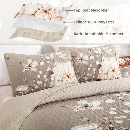 Drucon Floral Quilt King Size - 3 Pieces Brown Quilt Botanical Bedspread Soft Lightweight Flower Bedding Set for All Season (104"x90")