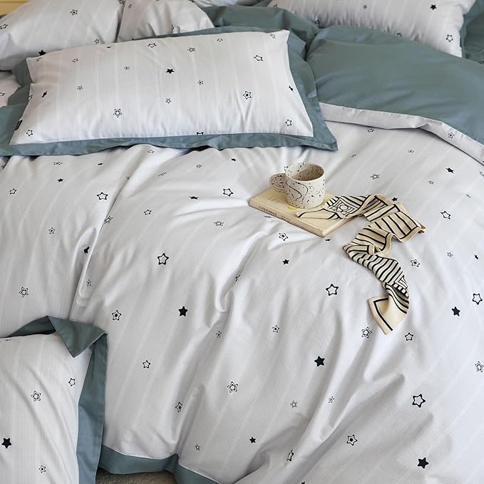 AOJIM Cute Kids Bedding Duvet Cover Set with Star Patterns for Girls and Boys, Reversible Pure Cotton Comforter Cover and 2 Matching Pillowcases, Super Soft Bed Quilt Cover for Room Decor, Queen Size