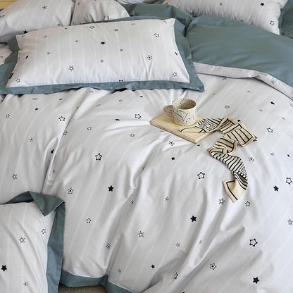 AOJIM Cute Kids Bedding Duvet Cover Set with Star Patterns for Girls and Boys, Reversible Pure Cotton Comforter Cover and 2 Matching Pillowcases, Super Soft Bed Quilt Cover for Room Decor, Queen Size
