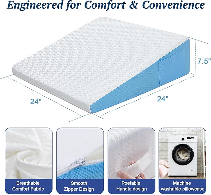 Wedge Pillow for Sleeping, 7.5" Bed Wedge After Surgery, Back Pain Relief, Memory Foam Pillow Triangle Incline Wedge for Back Support, Leg Elevation