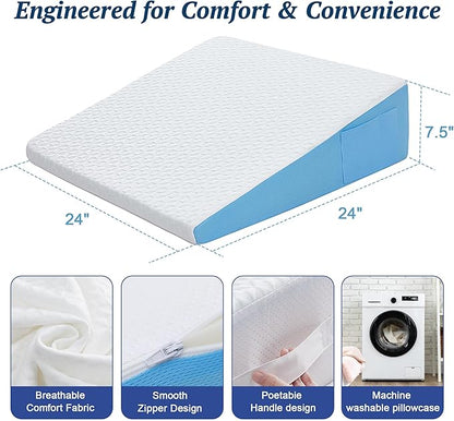 Wedge Pillow for Sleeping, 7.5" Bed Wedge After Surgery, Back Pain Relief, Memory Foam Pillow Triangle Incline Wedge for Back Support, Leg Elevation
