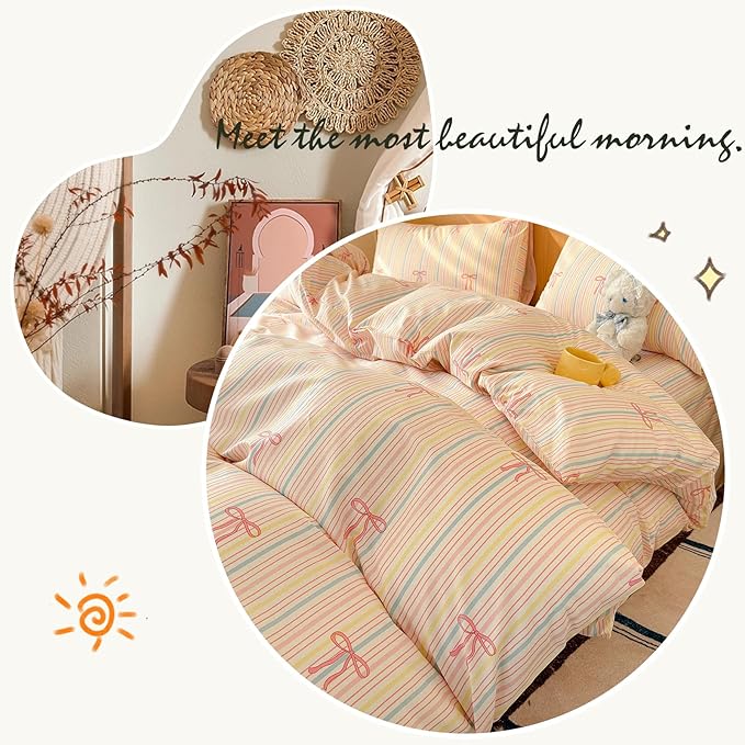 AOJIM Pink Bow Duvet Cover Set 3PCS for Girls Boys, 1 Soft Breathable Cotton Comforter Cover Twin Size and 2 Matching Pillowcases, Rainbow Striped Bedding Duvet Cover Set for Room Decor, No Duvet