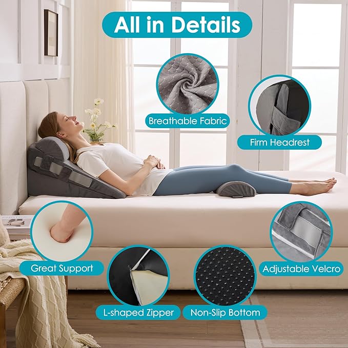 3Pcs Wedge Pillow Set for After Surgery,Acid Reflux Relief, Adjustable Bed Wedge Pillows for Sleeping,Anti Snore, Memory Foam Triangle Pillow for Back&Neck&Shoulder Pain Relief, Grey