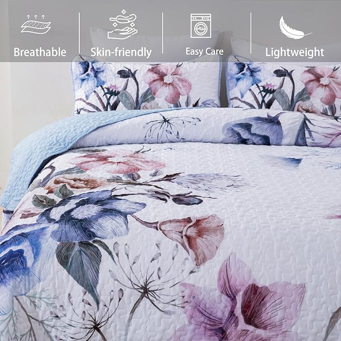 Floral Quilt Set King 3 Pieces Light Blue Floral Quilt Coverlet Set Soft Microfiber Lightweight Light Blue Quilted Bedspread for All Season 104"x90"