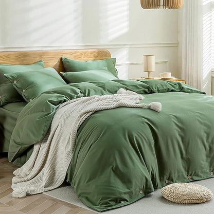 JELLYMONI Cotton Duvet Cover Twin XL Size - Green Comforter Cover with Button 100% Washed Cotton 2PCS Breathable Soft Solid Bedding Set Duvet Cover 66×92in & 1 Pillowcase (NO Comforter)