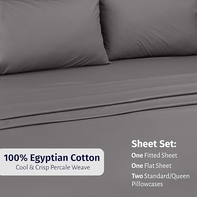 California Design Den Full Sheet Set - Certified 100% Egyptian Cotton, Lightweight & Crisp Percale Sheets Full Size with Deep Pockets, Durable Luxury Bedding Set - Grey