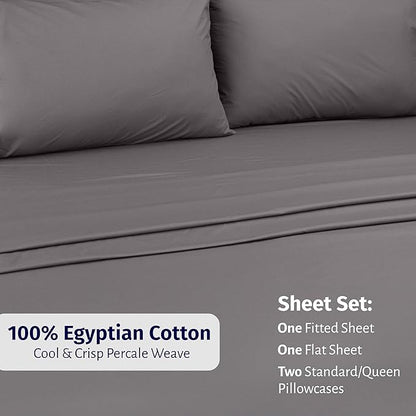 California Design Den Queen Size Sheet Set - Certified 100% Egyptian Cotton Queen Size Percale Sheets with Deep Pockets, Lightweight, Crisp, Durable Luxury Bedding Set - Grey