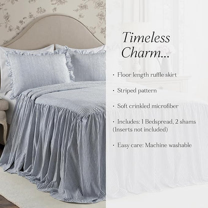 Lush Decor Ticking Stripe Bedspread King Size 3 Piece Set Navy - Ruffle Bedding Set King Bedspreads - Striped Bedding - Farmhouse & Coquette Decor