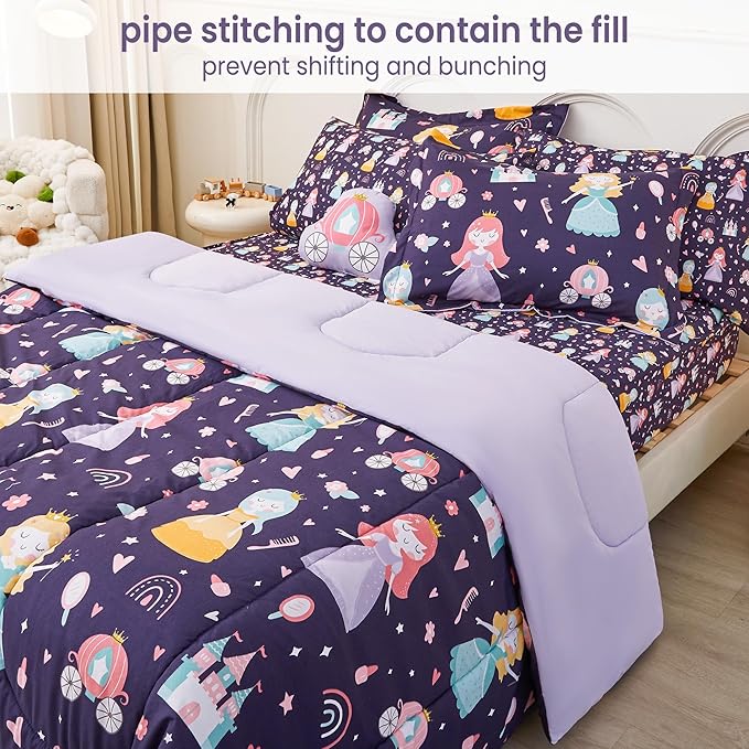 Mooreeke Twin Size Comforter Sets for Girls Kids, 6 Pieces Bed in a Bag Castle Princess Bedding Comforter Sheet Set with Shams and Decorative Toy Pillow, Ultral Soft Microfiber Kids Bed Set