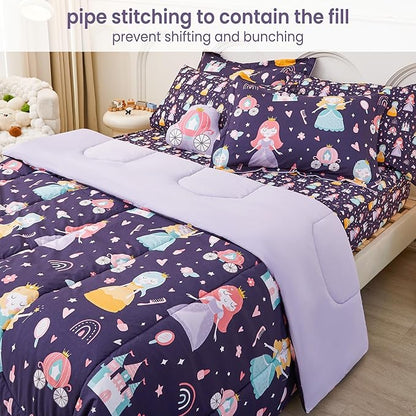 Mooreeke Twin Size Comforter Sets for Girls Kids, 6 Pieces Bed in a Bag Castle Princess Bedding Comforter Sheet Set with Shams and Decorative Toy Pillow, Ultral Soft Microfiber Kids Bed Set