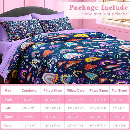 Comforter Set Queen Size, Cute Boho Rainbow 7 Pcs Bedding for Kids and Adults, Colorful Nursery Cloud Bed Sheet Sets with Fitted Sheet 2 Pillowcases & 2 Shams for Bedroom Bed Decor