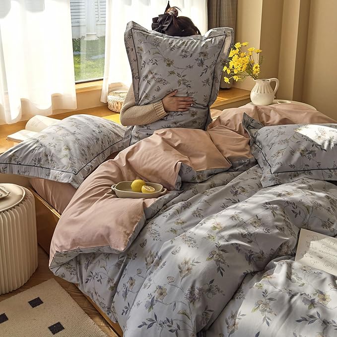 AOJIM Colorful Floral and Butterfly Pattern Duvet Cover Set for Girls Women, Comfy Cotton Comforter Cover Set 3pcs, 1 AB Sided Quilt Cover Full Size and 2 Matching Pillowcases for Room Decor, No Quilt