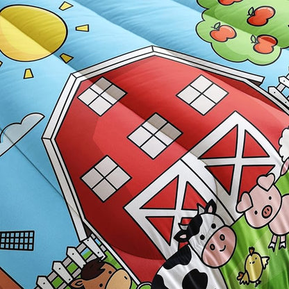 QOOMO Farm Animals Comforter,Farmhouse Comforter Set for Kids Teens Girls Boys,Cartoon Animals 3Pcs Bedding Set Printed Comforter with 2 Pillowcases,Down Alternative,Soft and Lightweight，Twin Size