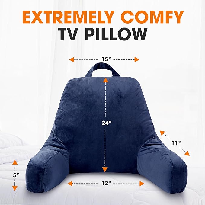 Cheer Collection Reading Pillow with Arms – Portable Bed Pillow for Sitting Up & Support, Foam-Filled Back Rest Pillow for Sitting in Bed & Couch, Machine Washable Navy Blue (Large)