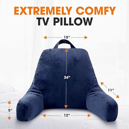 Cheer Collection Reading Pillow with Arms – Portable Bed Pillow for Sitting Up & Support, Foam-Filled Back Rest Pillow for Sitting in Bed & Couch, Machine Washable Navy Blue (Large)