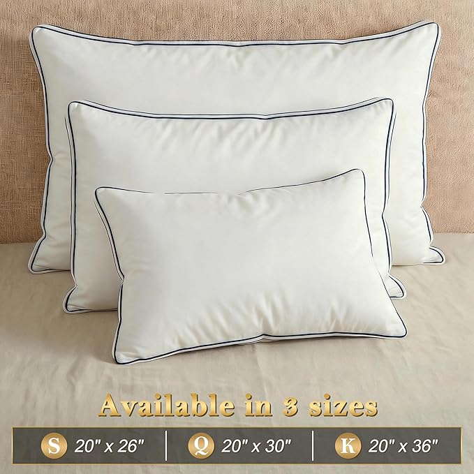 Feather Pillows King Size Set of 2 Goose Down Pillows with 100% Breathable Cotton Cover, Hotel Collection Bed Pillows for Sleeping, Soft Support for Back, Stomach and Side Sleepers
