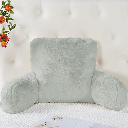 Plush Faux Fur Backrest Reading Bed Rest Pillow with Arms and Pockets for Sitting in Bed Couch Sofa, Back Support Wedge Cushion with Removable Cover, 20" x 18" x 17", Light Gray