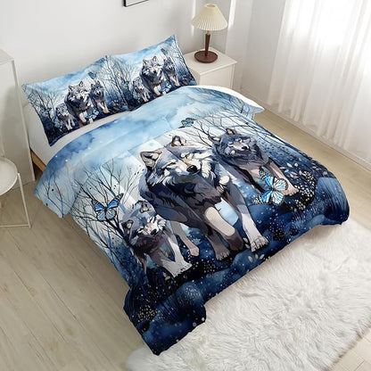 Watercolor Wolf Bedding Comforter Set Full Size for Kids Teens and Adults Wild Animals Bedroom 100% Soft Microfiber All Season Print Quilt Set with 1 Comforter and 2 Pillowcases