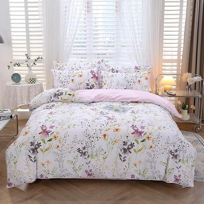 URBONUR Floral Duvet Cover Set King Size 3-Pieces Egyptian Cotton Percale Weave Bedding Set Garden Chic Flowers Comforter Cover, Soft Breathable Durable Bedding with Button Closure