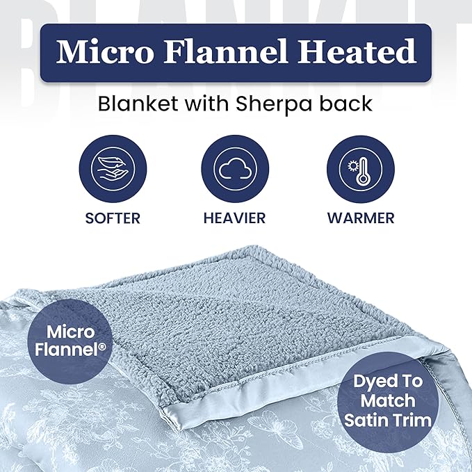 Thermee Micro Flannel Heated Blanket with Sherpa Back, 10-Setting Electric Blanket, Queen Size, Programmable Heating Throw, Sky Blue