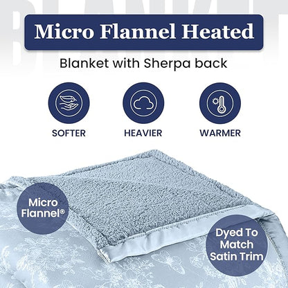 Thermee Micro Flannel Heated Blanket with Sherpa Back, 10-Setting Electric Blanket, Queen Size, Programmable Heating Throw, Sky Blue