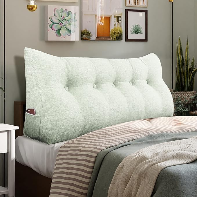 Wedge Headboard Pillow Dorm Room Reading Pillow Back Support for Sitting Up in Bed Bolster Lumbar Cushion Body Positioning Bedrest Cotton Linen 59in Grey-Beige Queen
