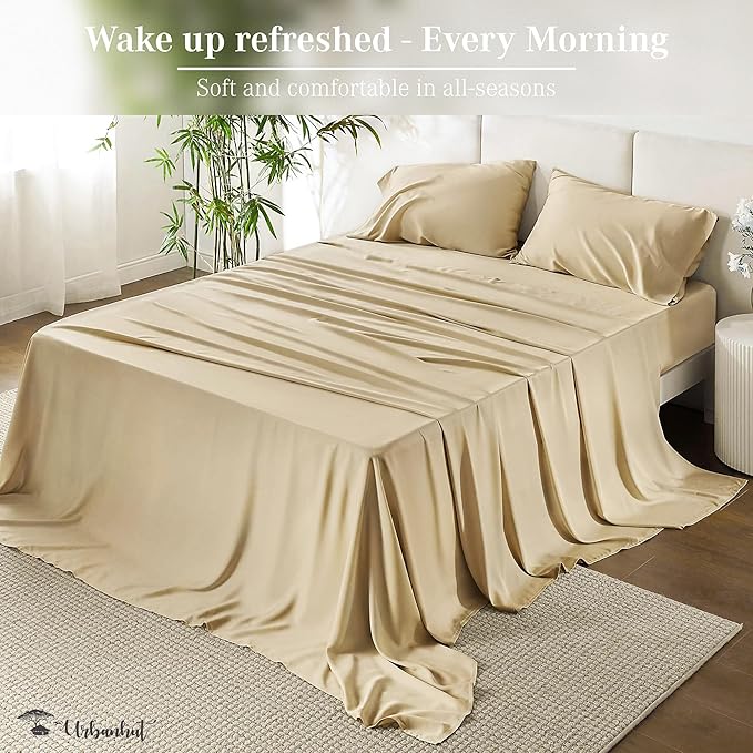 URBANHUT 1000 Thread Count Queen Size Egyptian Cotton Sheets, Long Staple Soft & Breathable, 4 Pc Bed Sheet Sets, Luxury Hotel Sateen Sheets Fits 16" Deep Pocket - Sand