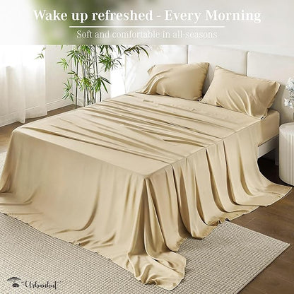 URBANHUT 1000 Thread Count Queen Size Egyptian Cotton Sheets, Long Staple Soft & Breathable, 4 Pc Bed Sheet Sets, Luxury Hotel Sateen Sheets Fits 16" Deep Pocket - Sand