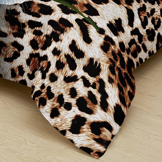 Red Rose and Leopard Comforter Set Queen for Boys,Brown Wild Animal Theme Bedding Set,3D Cheetah Quilt Set,Flowers Leopard Print Comforter Safari Animals Bed Set Bedroom Decor
