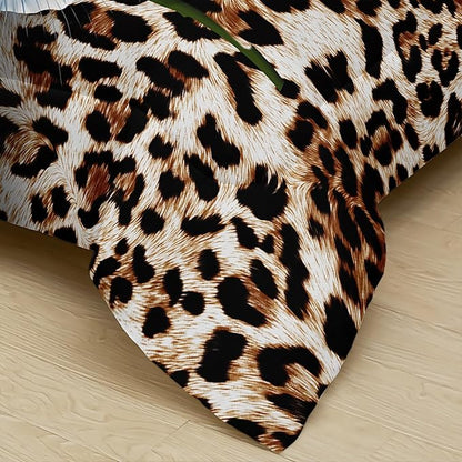 Red Rose and Leopard Comforter Set Queen for Boys,Brown Wild Animal Theme Bedding Set,3D Cheetah Quilt Set,Flowers Leopard Print Comforter Safari Animals Bed Set Bedroom Decor