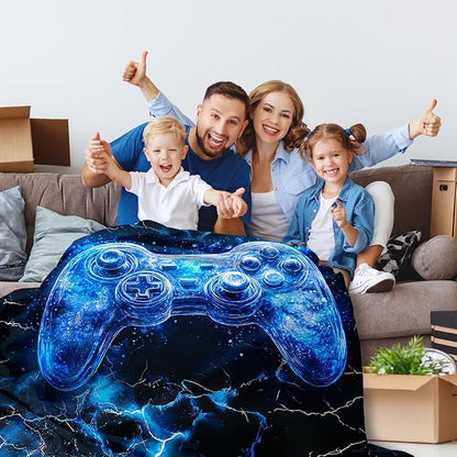 Boys Throw Blanket Gamer Blanket for Boys Teen Gift for Game Lovers, Cool Blue Cozy Soft Flannel 80 x 60 Inches Throws for Sofa Office Trip Garden
