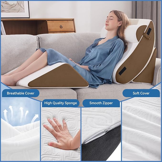 Wedge Pillow Set for After Surgery, 4 PCS Bed Wedge Pillow for Sleeping, Memory Foam Orthopedic Back Pillow for Pain Relief and Acid Reflux, Adjustable Post Surgery Pillow Brown