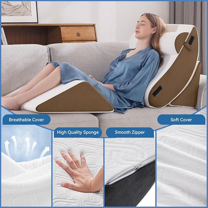 Wedge Pillow Set for After Surgery, 4 PCS Bed Wedge Pillow for Sleeping, Memory Foam Orthopedic Back Pillow for Pain Relief and Acid Reflux, Adjustable Post Surgery Pillow Brown