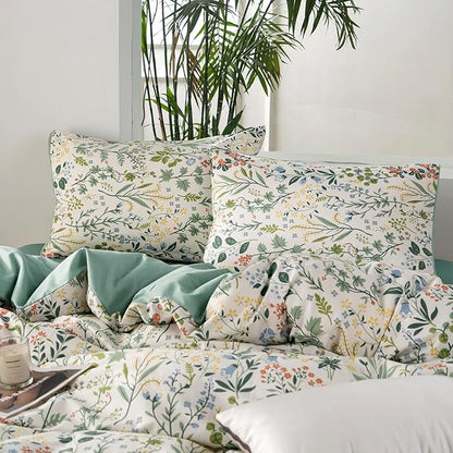 Duvet Cover Queen Size Floral 100% Brushed Microfiber 3 Pieces Fresh Garden Green Wildflower Botanical Floral Pattern Printed Queen Flower Duvet Cover with Zipper Closure