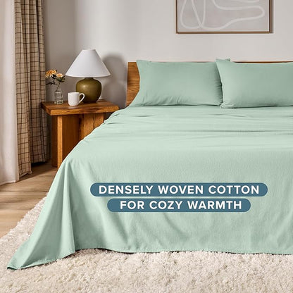Bare Home Flannel Sheet Set 100% Cotton, Velvety Soft Heavyweight - Double Brushed Flannel - Deep Pocket (Queen, Mint)