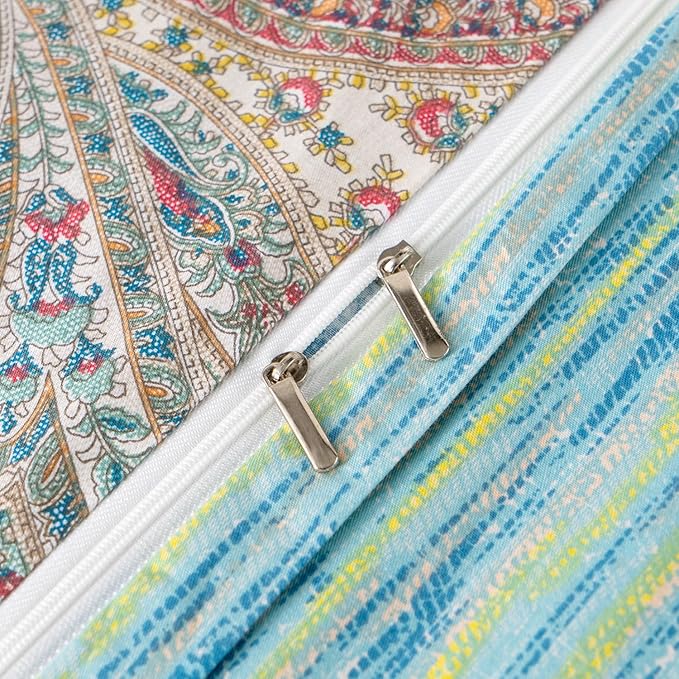Paisley Queen Duvet Cover 100% Soft Cotton 3 Pieces Queen Exotic Bohemian Bedding Set Luxury Boho Vintage Chic Pattern Printed Queen Reversible Striped Queen Duvet Cover with Zipper Closure