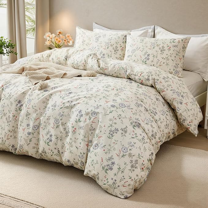 Floral Duvet Cover Set Twin Size 100% Cotton Green Floral Comforter Cover 2 Pcs Lightweight Soft Aesthetic Floral Bedding Sets