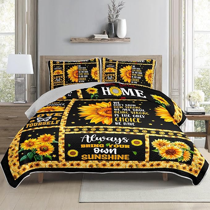 AILONEN Girls Sunflower Quilt Set Full Size, 3Pcs Black Yellow Flower Bed Cover Bedding Set for Kids and Adults, Lightweight Bedspread Coverlet with 2 Pillowcases All Season