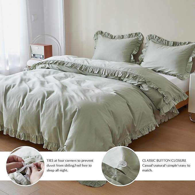 Simple&Opulence Kids 100% Organic Cotton King Duvet Cover Ruffle 3Pcs(1 Comforter Cover 2 Pillowcases) Cute Lace Vintage Boho Shabby Chic Farmhouse Bedding Set Teen Girls(Sage Green, King)