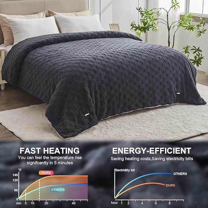Electric Heated Blanket Full Size - Jacquard Checkered Sherpa 72"x84" Fast Heating Bed Blankets with 6 Heating Levels & 10 Hours Auto Off, Over-Heat Protection ETL, Dark Gray