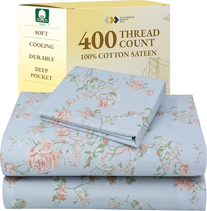 California Design Den Floral Deep Pocket Twin Sheets Set - 400 Thread Count Sateen, Natural 100% Cotton Sheets, and Durable Bedding Set - Antique Rose