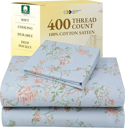 California Design Den Floral Deep Pocket Twin Sheets Set - 400 Thread Count Sateen, Natural 100% Cotton Sheets, and Durable Bedding Set - Antique Rose