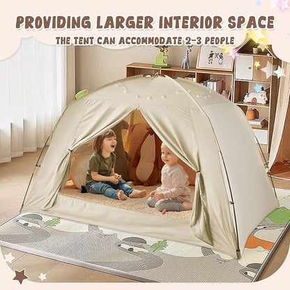 Bed Tents for Kids and Adult, Portable 100% Breathable and 85% Blackout Toddler Dream Play Tent, 3 Doors Privacy Space Sleeping Canopy for Indoor Floor or Twin Full Queen Sizes Bed (Khaki, Full-Size)