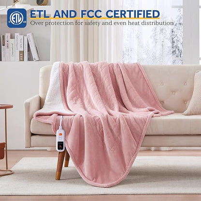 Sealy Electric Blanket Throw Size 50"*60",Super Cozy Flannel to Sherpa Reversible Heated Blanket Throw with 6 Heating Levels & 2-10 Hours Auto Off Overheating Protection Machine Washable,Pink