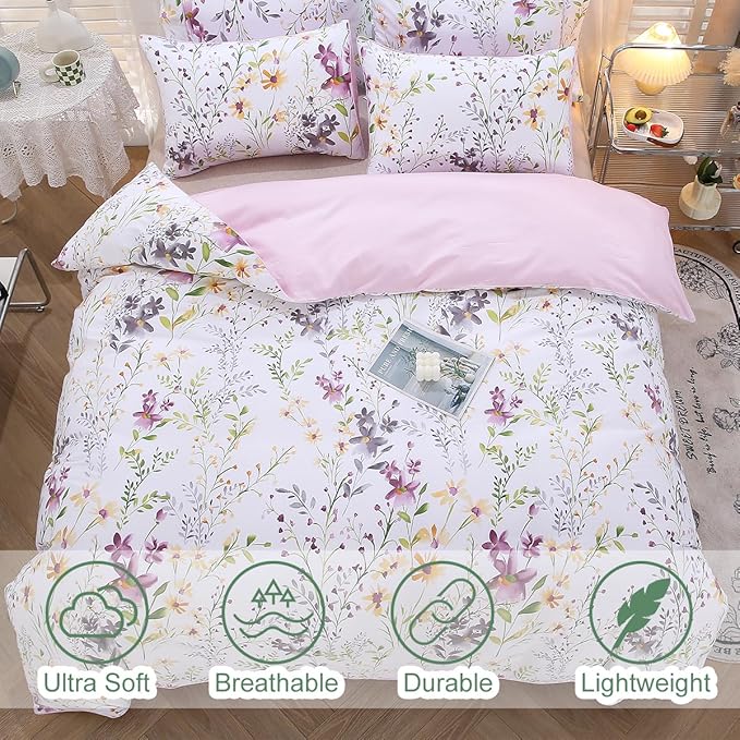 URBONUR Floral Duvet Cover Set Queen Size 3-Pieces 100% Cotton Wildflowers Comforter Cover, Chic Garden Flowers Bedding Set, Soft Breathable Bed Linen Set