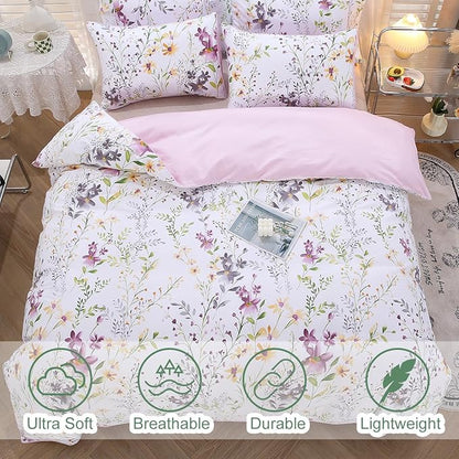 URBONUR Floral Duvet Cover Set Queen Size 3-Pieces 100% Cotton Wildflowers Comforter Cover, Chic Garden Flowers Bedding Set, Soft Breathable Bed Linen Set