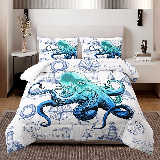 HOSIMA Octopus Bedding Sets,Nautical-Themed White Comforter Queen Size,Tentacle Sea Animals Nautical Bedding Ship Helm Anchor Print Design for Boys Girls Room Decor,Ocean Bedding Seaside Home Decor.